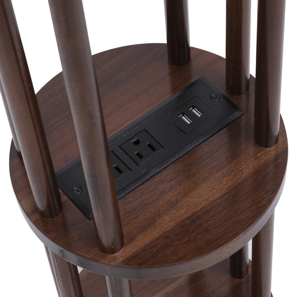 9 x25 Fully Assembled Walnut Wood Round Drink Table with Charging Station, Mid-Century Modern Circle Wood Accent Pedestal Table for Living Room or Small Bedroom Nightstand