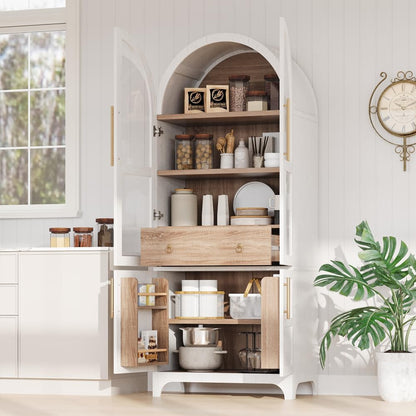71 Inch Farmhouse Kitchen Pantry Storage Cabinet with Doors, Open Shelf, Hidden Drawer, Adjustable Shelves, Glass Door, Cupboard for Dining Room (Retro White Arched Pantry Cabinet+ MDF)