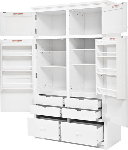 74.8" Tall Kitchen Pantry Cabinet with 4 Doors 6 Drawers 4 Pull-Out Trays, Freestanding Kitchen Cabinet Organizer for Dining Room Living Room, Pantry Cabinets for Kitchen Storage(White)