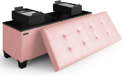Storage Ottoman Bench with Bins, 43-in Storage Bench for Bedroom End of Bed, Folding Foot Rest Ottoman for Living Room Max 660lbs, Leather Ottomans, Pink