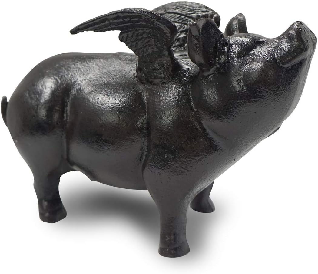 NACH Cast Iron Pig Statue - Black Door Stopper & Paperweight, 9x4x6 inch, JS-90-7131