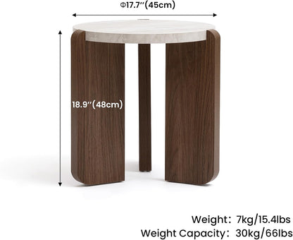 HOMPUS Farmhouse Round End Table, French Country White Bedside Table, Faux Marble Tabletop Sofa Table, Accent Side Table for Living Room, Bedroom, Office, Small Spaces, Easy Assembly (White + Brown)