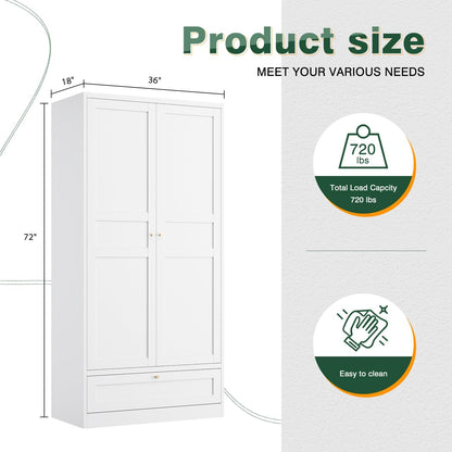 Letaya Wardrobe Closet,72" H Clothing Metal Storage Cabinet with Storage Drawer Adjustable Shelves and Hanging Rod,Bedroom Armoire Cabinet Clothes Organizer (White)
