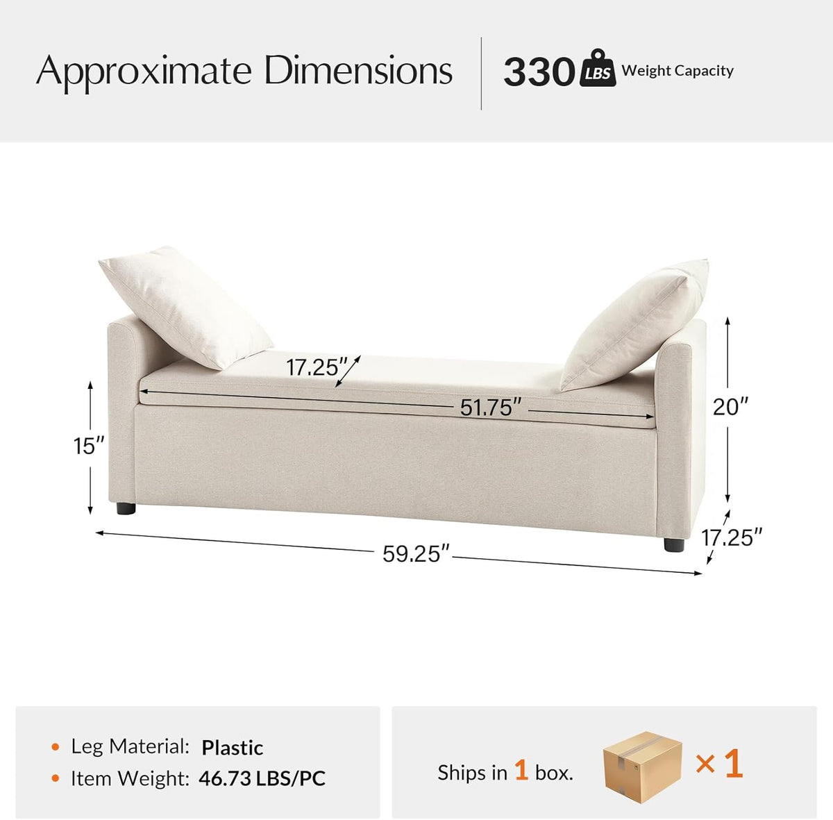 59.5" Modern Storage Ottoman Bedroom Bench, End of Bed Bench with Arms and Throw Pillows, Footrest Stool for Living Room, Dining Room, Entryway and Hallway, Linen