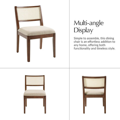 HULALA HOME Rattan Dining Chairs Set of 2, French Solid Wood Kitchen Dining Room Chairs with Curved Back, Upholstered Accent Dinner Cane Chair for Living Room Restaurant, Walnut