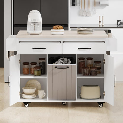 ZOEDO K&K Kitchen Island with Trash Can Storage Cabinet, Kitchen Cart with Drop Leaf, Spice Rack, Towel Rack and Drawer, Rolling Kitchen Island on Wheels with Adjustable Shelf, White