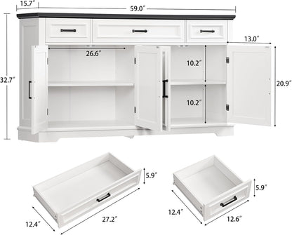 usikey 59” Large Buffet Cabinet with 4 Doors and 3 Drawers, Buffet Sideboard Cabinet with Storage and 2 Adjustable Shelves, Coffee Bar, Wine Bar for Living Room, White