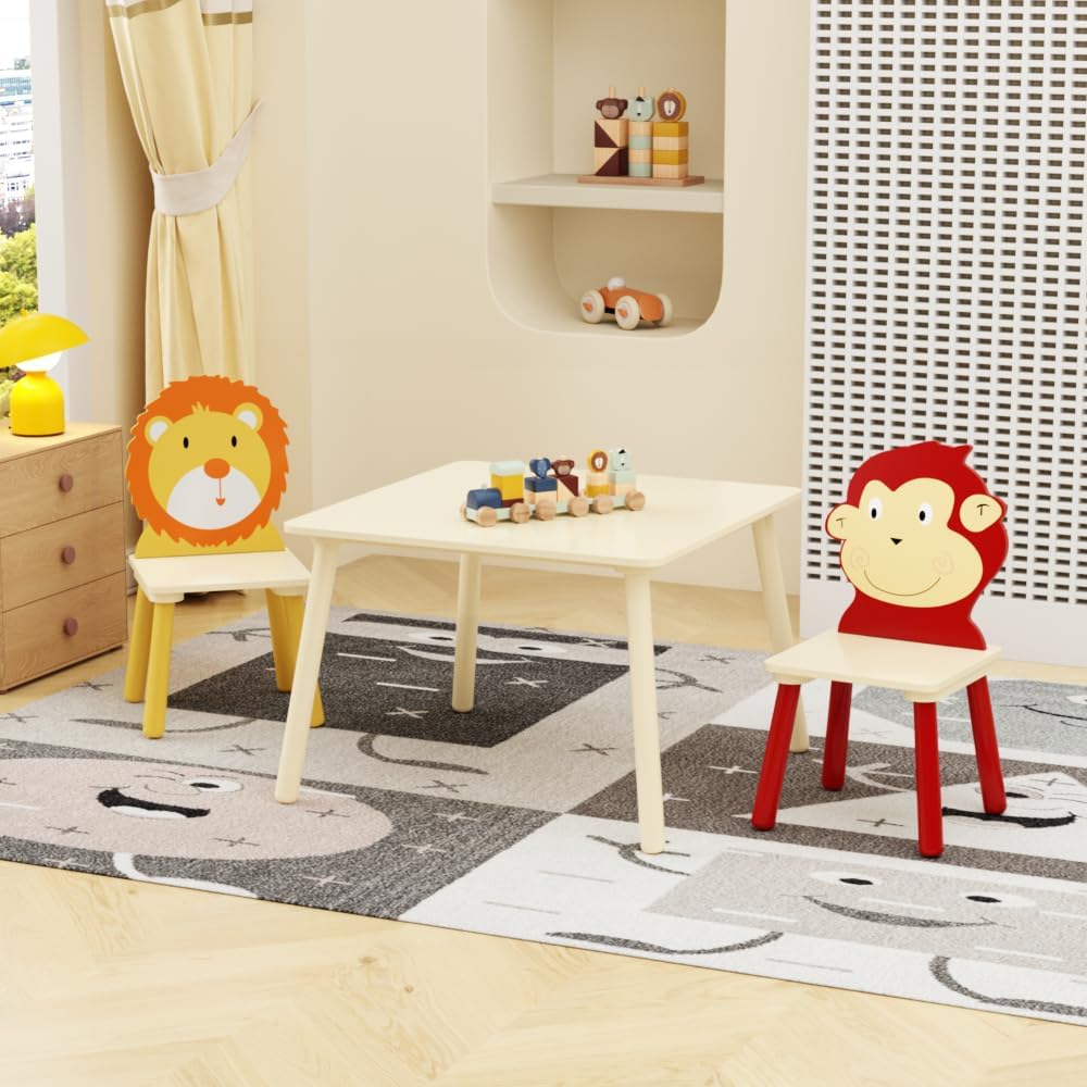 Kids Table and 2 Chairs Set, 3 Pieces Toddler Table and Chair Set, Wooden Activity Play Table Set (Lion&Monkey) (Yellow + Red)