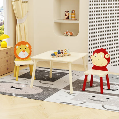 Kids Table and 2 Chairs Set, 3 Pieces Toddler Table and Chair Set, Wooden Activity Play Table Set (Lion&Monkey) (Yellow + Red)