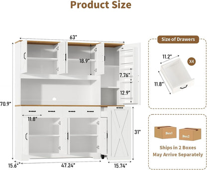 70.9" Tall Farmhouse Pantry Cabinet with Pull-Out Storage Cart & LED Lights, Large Kitchen Hutch with Charging Station, 9 Doors 4 Drawers Adjustable Shelves for Dining Living Room, White