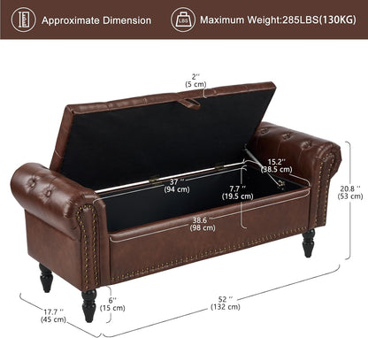 Furniliving 51” End of Bed Storage Bench, Bedroom Bench with Button-Tufted, Upholstered Storage Ottoman Benches Window Bench with Storage, Leather Bench for Living Room, Entryway, PU, Darkbrown