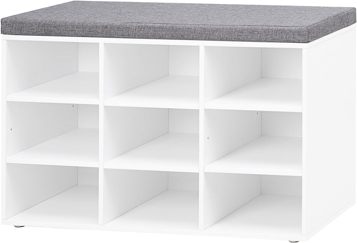 DINZI LVJ Shoe Storage Bench with Cushion, Cubby Shoe Rack with 9 Cubbies, Adjustable Shelves, Multifunctional Shoe Organizer Bench for Entryway, Mudroom, Hallway, Closet and Garage, White