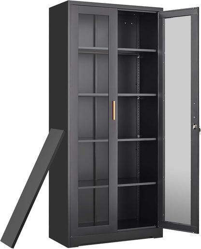 Curio Display Cabinet with Glass Doors,71”H Metal Display Case with 4 Adjustable Shelves - Black China Storage Cabinet for Collectibles, Trophies & Liquor - Locking Tall Glass Cabinet for Home