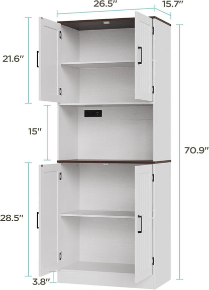 MHOM 71" Tall Pantry Cabinet with Charging Station, Farmhouse Kitchen Hutch with Adjustable Shelves, Modern Kitchen Pantry Storage Cabinet for Dinning Room & Living Room, Antique White