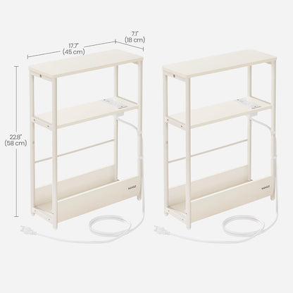VASAGLE Side Tables with Charging Station, Set of 2 Narrow End Tables, 3-Tier Nightstands, Sofa Tables for Small Spaces, for Living Room, Bedroom, Study, Cream White ULCT664W01