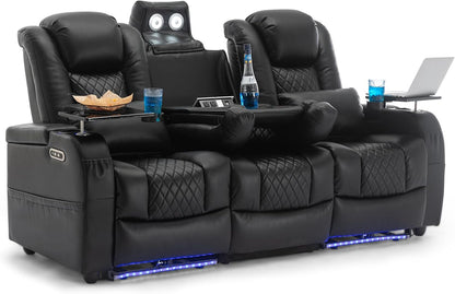 Airadlis Dual Power Home Theater Seating with 7-Color LED, Black, Row of 3 | Zero gravity recliner sofa, USB and Type-C charging, swivel tray and cup holder, lumbar pillow, 4” wall clearance