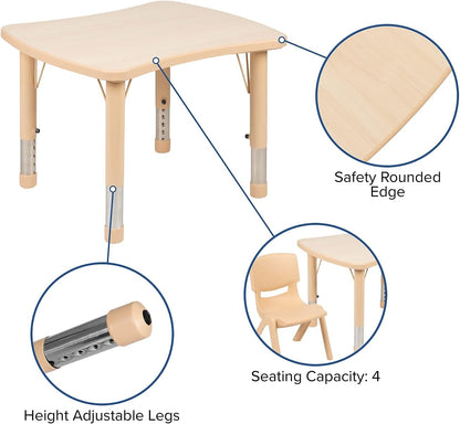 Flash Furniture 26.5x21.75 in Activity Table with 4 Chairs, Natural | Adjustable Height Table, Plastic, Durable Construction, Commercial Use