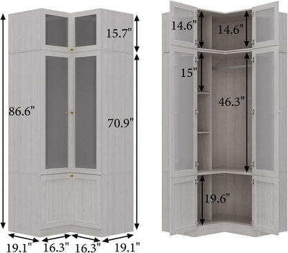 MOUMON Tall Corner Wardrobe, L-Shaped Modern Bedroom Armoires with Frosted Glass Doors and Hanging Rod, Corner Armoire Closet for Clothes Storage, Wood Grain 35.4" W x 35.4" D x 86.6" H