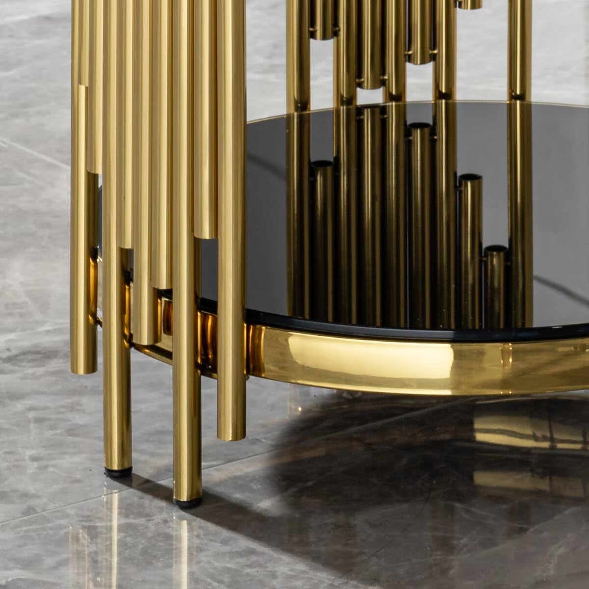 17.72" Round Glass End Table Black, Modern Gold Living Room Table with Stainless Steel Irregular Leg, Small Sofa Side Tables Coffee Tables for Home Office, Black