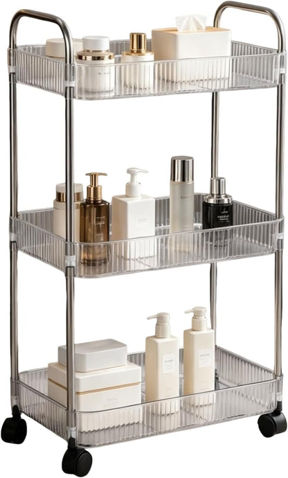 Sooyee Clear 3-Tier Plastic Rolling Utility Cart with Wheels, Multi-Functional Storage Trolley for Office, Living Room, Kitchen, Movable Storage Organizer with Wheels