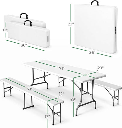 EconoHome 6 Ft White Plastic Folding Table Set with 2 Benches – Heavy-Duty Picnic Table & Bench Set, Space-Saving, Indoor/Outdoor, Seats 6-8, Easy Storage & Transport