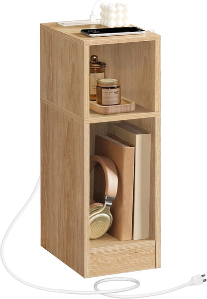 MAHANCRIS Narrow Nightstand, Narrow End Table with Charging Station, Skinny Bedside Table for Small Spaces, Mid Century Modern Night Stand for Bedroom, Living Room, Natural ETNA30E01