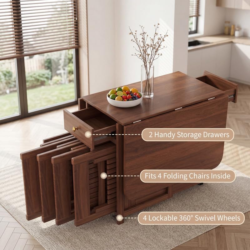 Folding Drop Leaf Dining Room Table 4-6 Seater with Storage and Lockable Wheels, 51" Fully Assembled Solid Wood Space-Saving Foldable Kitchen Table (Walnut)