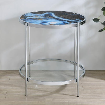 Pemberly Row 3-Piece Coffee & End Table Set, Engineered Wood, Blue Faux Marble & Glass, Chrome Frame, Contemporary Style Living Room Tables, Reversible Panels for Flexible Design
