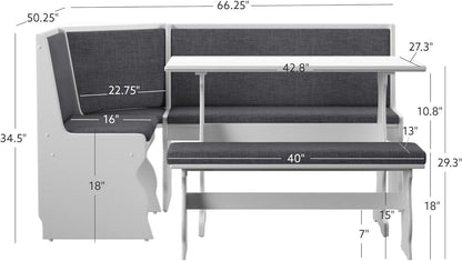 HomeStock Old World Opulence Charcoal Breakfast Nook 66.5x50.47x35.51 in - Cozy Corner Booth Dining Table Set with Bench, Table, Charcoal Fabric Upholstered Seats, 156.93 lbs