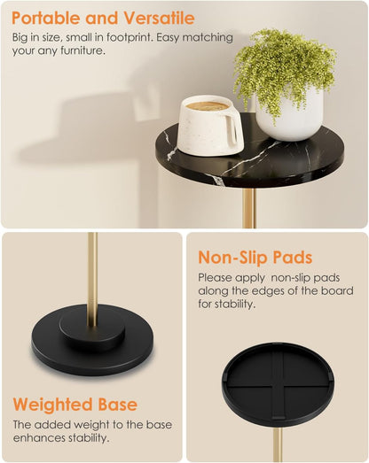 Round Side Table, Small Drink Table for Small Spaces, Modern Accent End Table with Metal Leg for Living Room, Bedroom, Corners, and Office (Black Marble)