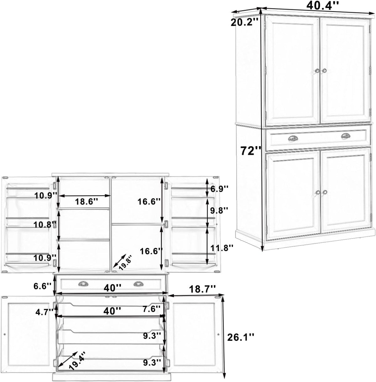 Polibi Freestanding Pantry Cabinet with 4 Doors & 1 Drawer, 3 Adjustable Shelves & Pull-Out Trays, Shaker Style Kitchen Storage for Dining Room, Living Room, Entryway (White)