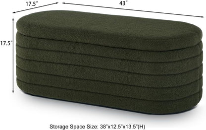 Modern Oval Storage Ottoman Bench, Upholstered Boucle Teddy Fabric End of Bed Bench with Storage, End of Bed Stool with Safety Hinge for Bedroom, Living Room, Entryway, Dark Green