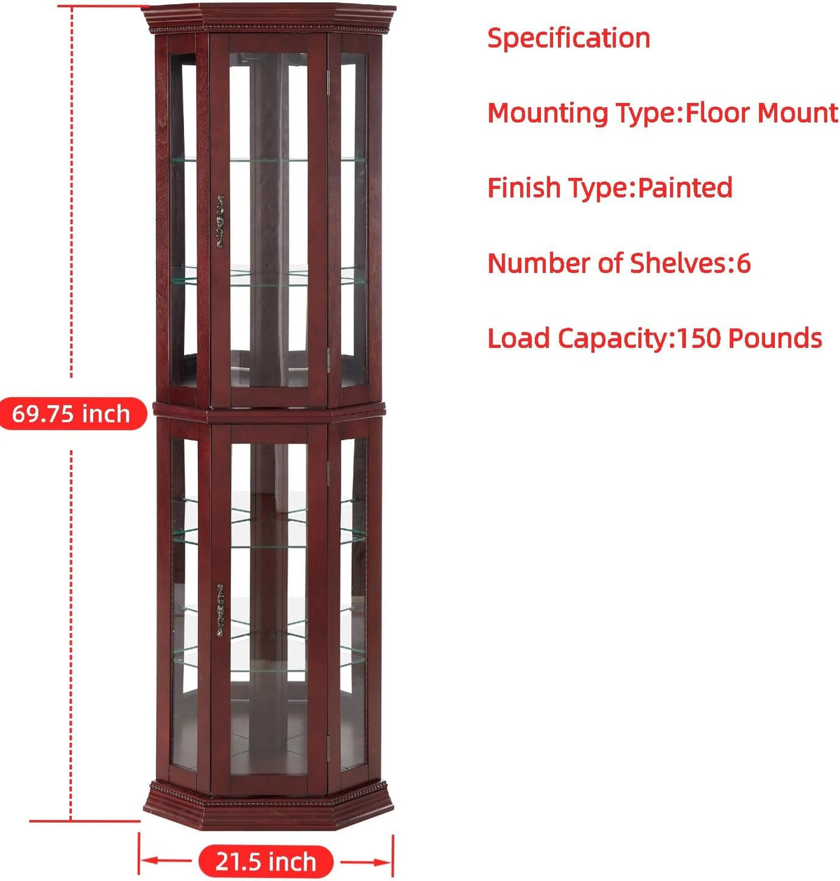 Lighted Corner Curio Cabinet, 69.75" Tall Corner Display Cabinet with Adjustable Tempered Glass Shelves, Mirrored Back, Lockable Door, Cherry Finish for Collectibles & China