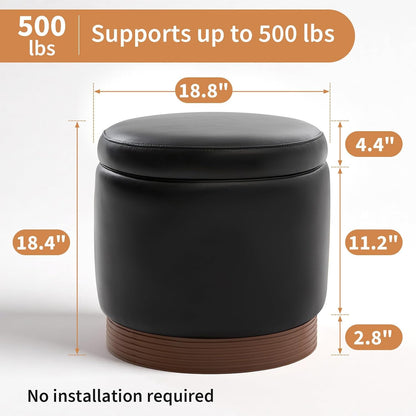 19" Round Swivel Storage Ottoman with Tray Top, Upholstered Faux Leather Foot Stool with Solid Acacia Wood Base 500 lbs Modern Accent Footrest for Living Room & Bedroom Fully Assembled Black