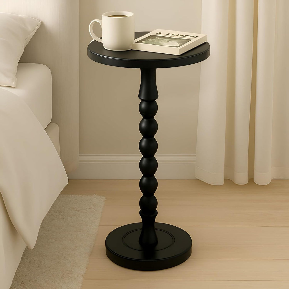 Round Side Table for Small Spaces, Drink Table with Oak Wood Pedestal, Modern End Table Nightstand for Living Room, Bedroom, Office, and Corners, Tool-Free Assembly, Black