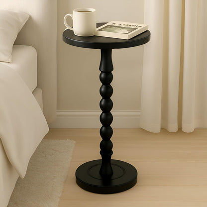 Round Side Table for Small Spaces, Drink Table with Oak Wood Pedestal, Modern End Table Nightstand for Living Room, Bedroom, Office, and Corners, Tool-Free Assembly, Black