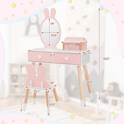INFANS Kids Vanity Set, 2 in 1 Wooden Princess Makeup Table and Chair with Mirror Storage Drawers Shelf, for Little Girls, Rabbit Themed Toddler Dressing Desk Beauty Play Set Gift