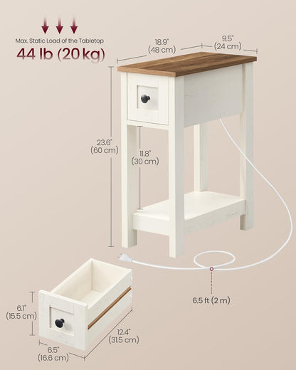 VASAGLE Farmhouse End Table with Storage Drawer, Narrow Side Table with Charging Station, Nightstand, Easy Assembly, for Living Room, Bedroom, Honey Brown and Rustic White ULET328W01