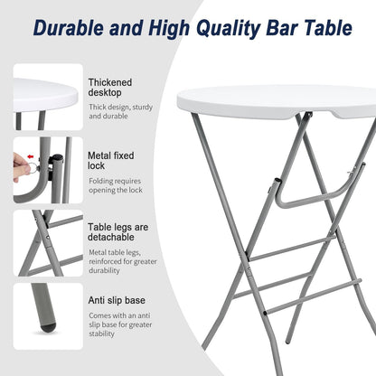 2 PCS - 31.5" L X 31.5" W X 43" H - Cocktail Table White High Top Folding Table, Portable Bar Height Folding Table Round with Detachable Gray Legs