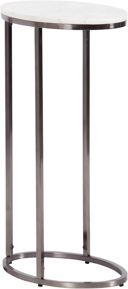 Kate and Laurel Natalli Modern Glam Oval C-Table, 14 x 9 x 28, White Marble and Gray Gunmetal, Elegant C-Shaped Side Table with Marble Tabletop and Space Saving Design