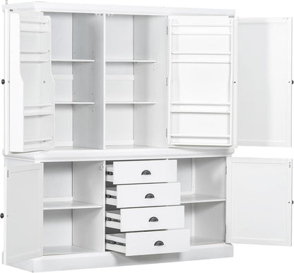 VilroCaz Freestanding Large Kitchen Pantry, Wooden Kitchen Organizers and Storage Kitchen Cabinet with 4 Drawers, Cupboard, 5 Doors, Adjustable Shelves for Dining Room (White-3.15)
