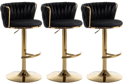 Riknuxi Velvet Bar Stools Set of 3, Counter Height Bar Chairs with Low Back, Gold Swivel Bar Stools for Kitchen Island, Pub (Black)