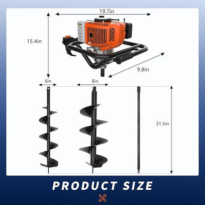 62cc 2-Stroke Auger Post Hole Digger with 2 Extension Rods & 6" & 8" Auger Bits - Gas Powered Earth Auger for Fencing, Gardening, Construction - Heavy Duty Digging Machine (62cc+2 Auger Bit(6"8"))