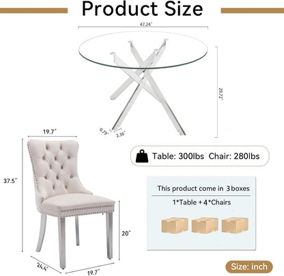 Modern 5 Piece Glass Dining Table Set, 47.2" Round Dining Table Set for 4, Glass Dining Room Kitchen Table with X-Shape Silver Metal Leg & 4pcs Beige Dining Chairs, Modern Circle Glass Dining Set