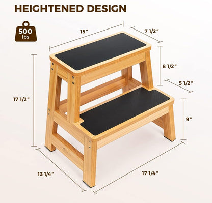 StrongTek Wood 2 Step Stool for Adults, 17.5 in, 500 lb, Non-Slip | Wide Non-Slip Treads, 500 lb Capacity, Heavy-Duty, Kitchen, Closet, Bedside and Everyday Home Reach