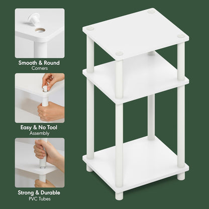 Furinno Turn-N-Tube 3-Tier Toolless Side Table, Narrow Printer Stand with Open Shelf, End Table, Night Stand, for Living Room, Bedroom, White