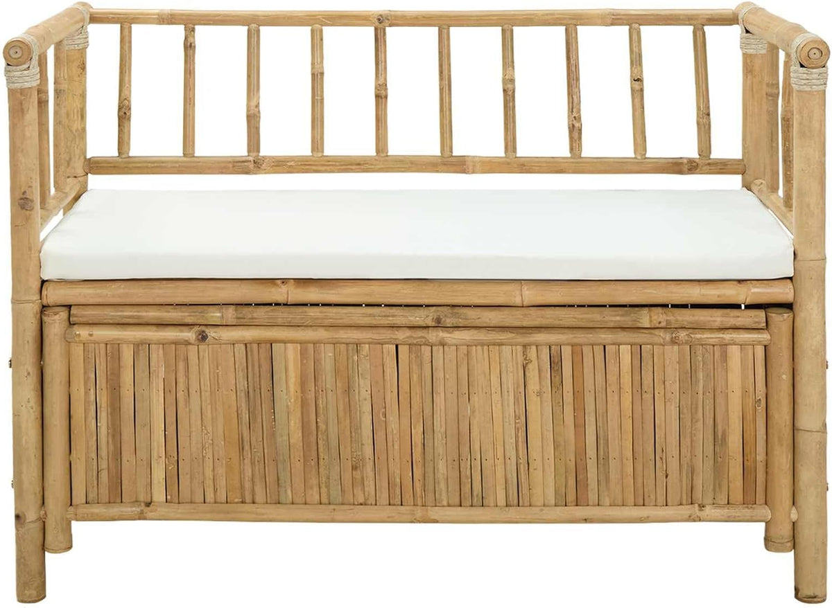 Bamboo Garden Storage Bench 110 x 47 x 80 cm Natural Finish, Outdoor Storage Bench with Hidden Seat Compartment, Post Leg Design for Patio or Indoor Use