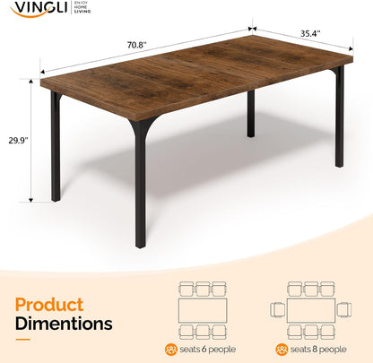 VINGLI 70.8" Farmhouse Dining Table for 6-8 People, Large Rustic Wooden Kitchen & Dining Room Table, Heavy Duty Dinner Table for Family Gatherings, Home Office, Apartment, Rustic Brown