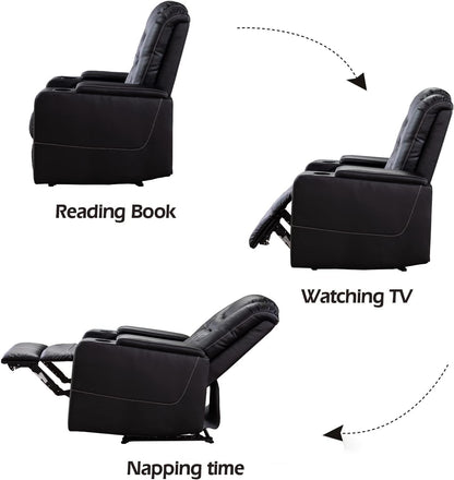 CANMOV Electric Power Recliner Chair with USB Ports and Cup Holders, Breathable Leather Home Theater Seating with Hidden Arm Storage (Black)
