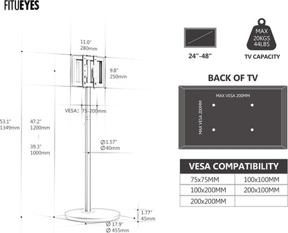 FITUEYES Small Rolling TV Cart for 24-48 Inch TVs, Height Adjustable, White | Minimalist Modern TV Floor Stand on Wheels, Fits Max VESA 200x200mm, Portable Smart Television Cart for Study, Master Series